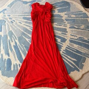 Vintage red formal gown with draping detail on the front